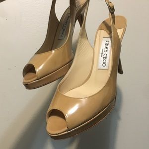 Jimmy Choo Tan Patent Leather Slingback Heels ⭐️